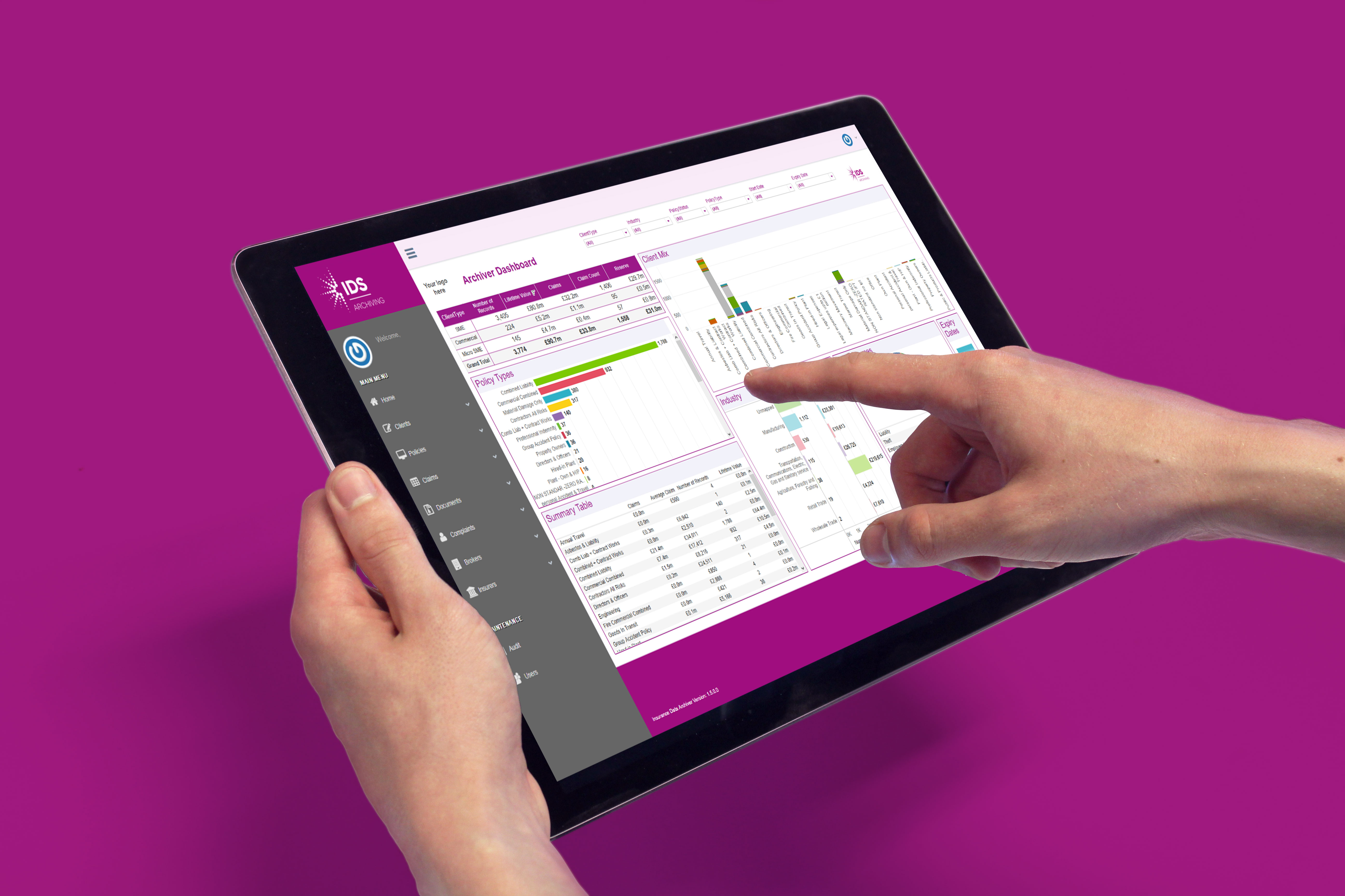 Insurance Data Archiver dashboard on Ipad