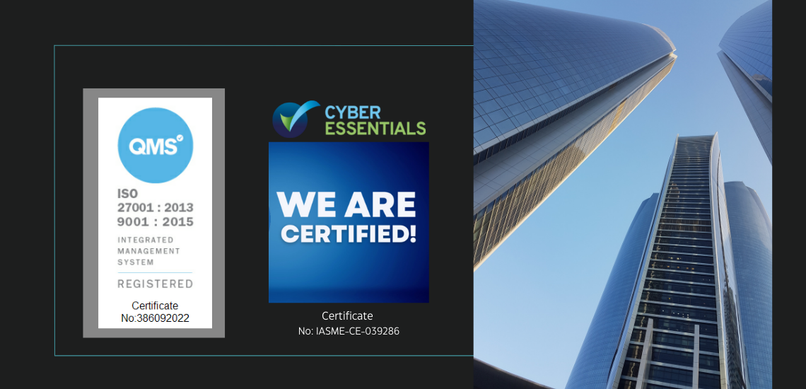 ISO27001, ISO9001 logos and Cyber Essentials